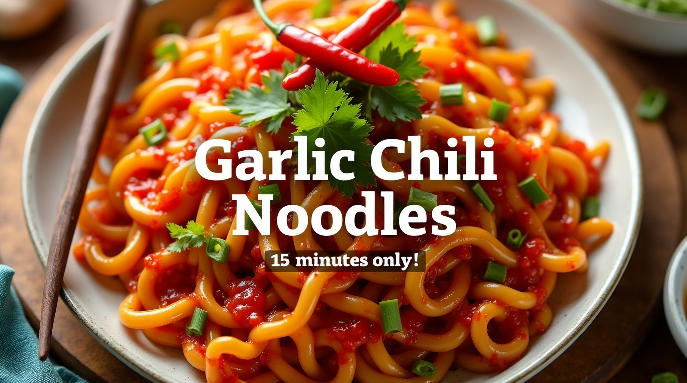 A bowl of spicy garlic chili noodles, coated in a flavorful chili oil sauce and garnished with sesame seeds and fresh green onions.