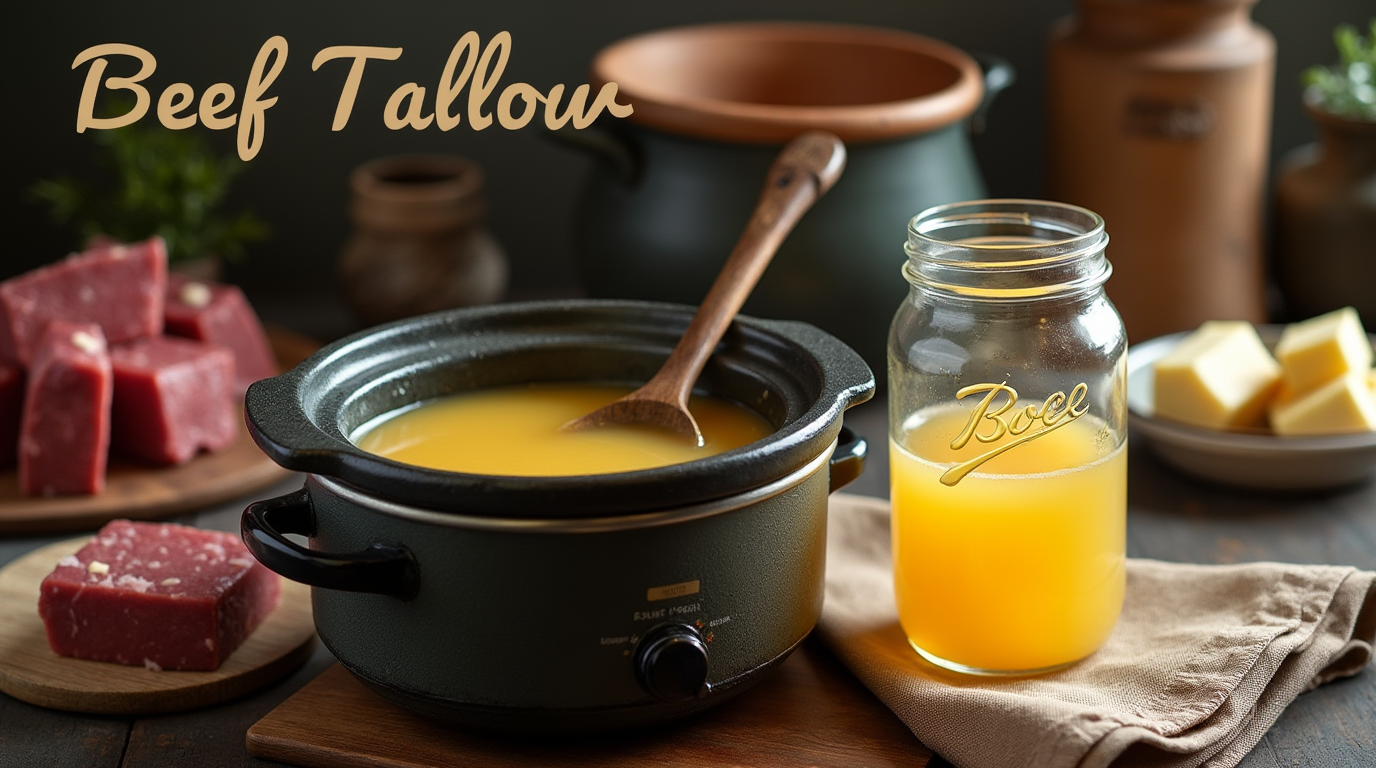 Homemade beef tallow in a slow cooker with a jar of rendered tallow and beef fat pieces on a rustic kitchen counter.
