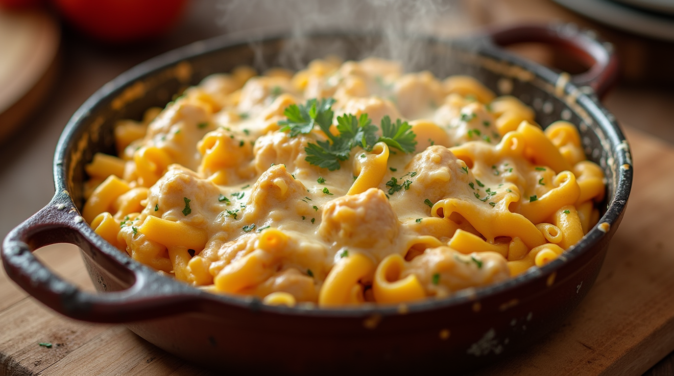 A bowl of creamy one-pot cheesy chicken pasta with tender chicken, pasta, and melted cheese, garnished with fresh parsley.