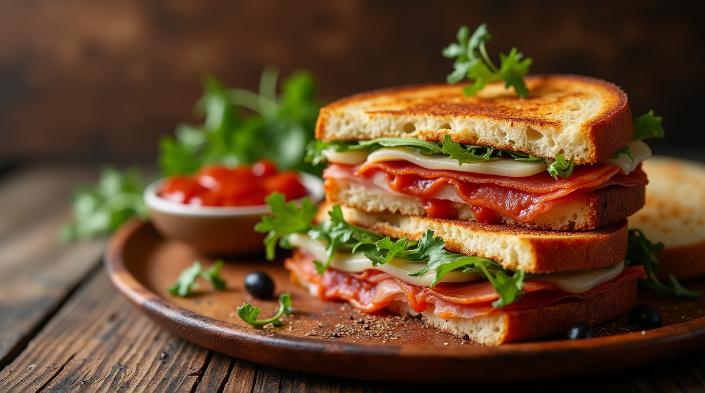 A crispy golden-brown Toasted Italian Sandwich filled with layers of melted mozzarella, salami, pepperoni, ham, roasted red peppers, and fresh arugula, served on a rustic wooden plate with a side of marinara dipping sauce.