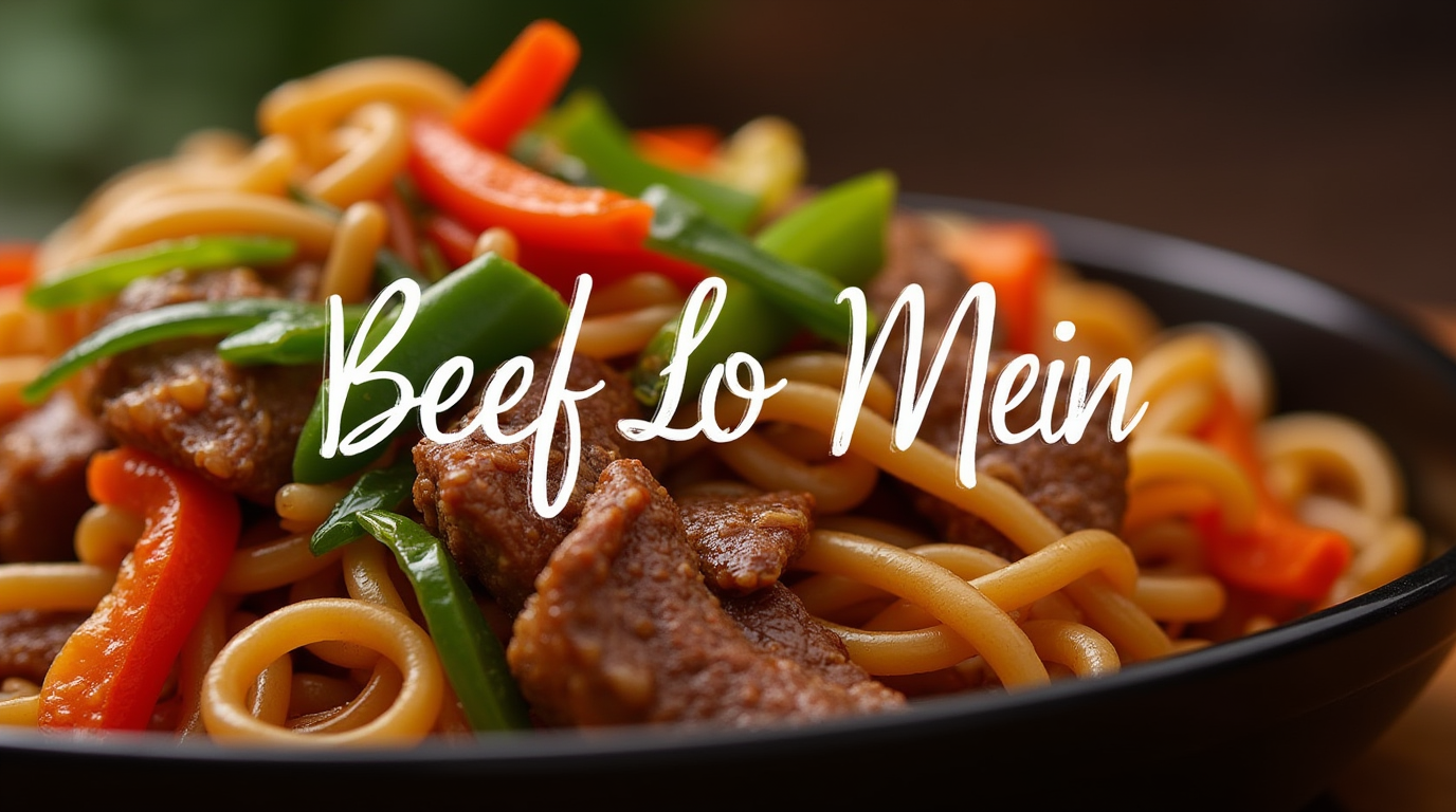 A bowl of beef lo mein with tender noodles, stir-fried vegetables, and savory beef slices coated in a flavorful sauce.