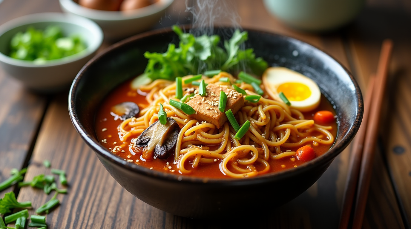 A bowl of Easy Saucy Ramen Noodles (Vegan Recipe) with thick, glossy sauce coating tender ramen noodles, topped with sesame seeds, chopped green onions, and crispy tofu, served in a rustic ceramic bowl with chopsticks on the side.