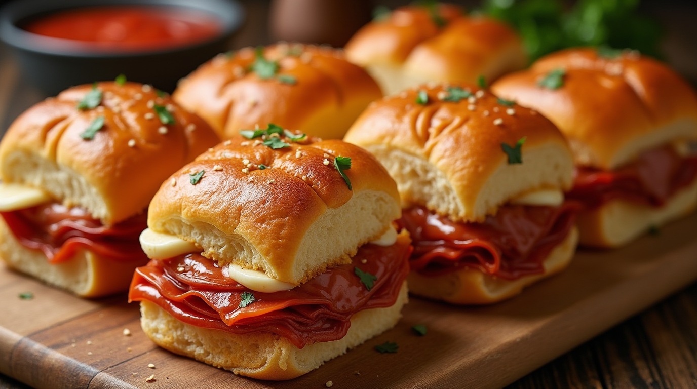 A tray of Hot Italian Sub Sliders, made with soft Hawaiian rolls, layers of salami, ham, pepperoni, and melted provolone and mozzarella cheese. The sliders are brushed with a garlic butter topping and baked to golden perfection, garnished with fresh herbs and served with marinara sauce on the side.