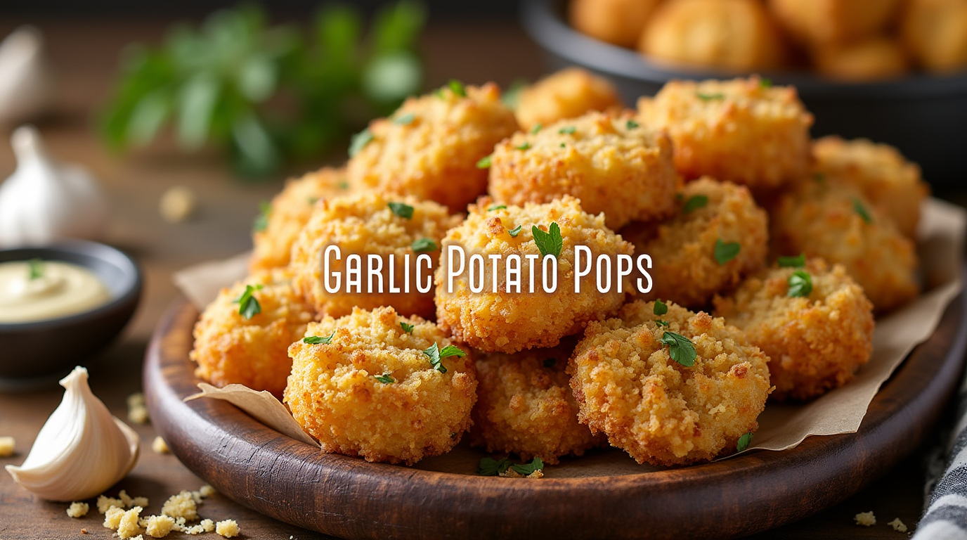 A plate of crispy, golden-brown Garlic Potato Pops, seasoned with garlic and herbs, served with a side of dipping sauce and garnished with fresh parsley.