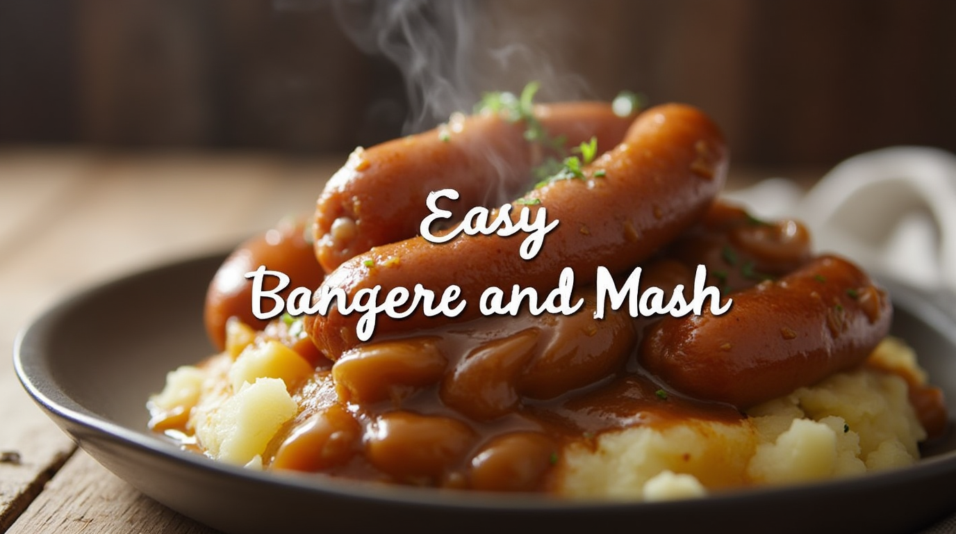 A plate of bangers and mash featuring golden-brown sausages, creamy mashed potatoes, and rich onion gravy, garnished with fresh parsley.
