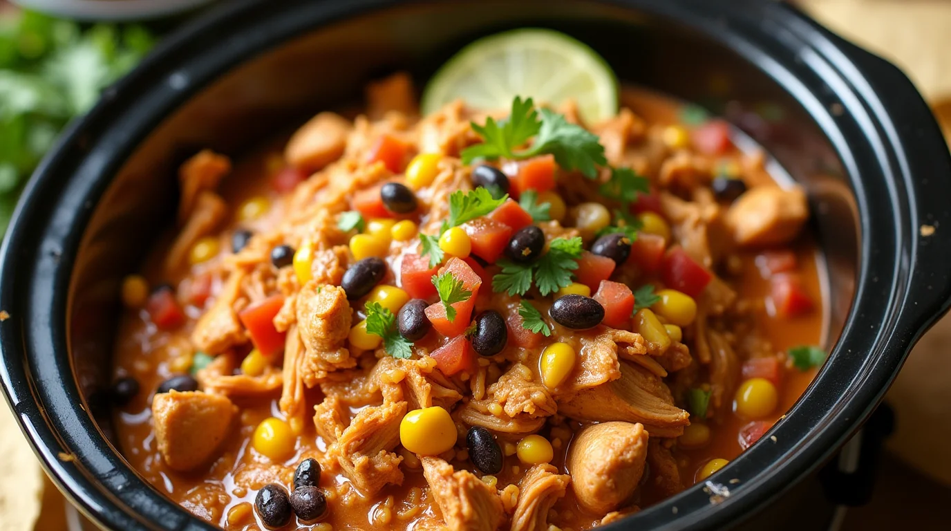 A bowl of slow cooker creamy fiesta chicken, garnished with fresh cilantro and served over rice, with a creamy, cheesy sauce and colorful bell peppers.
