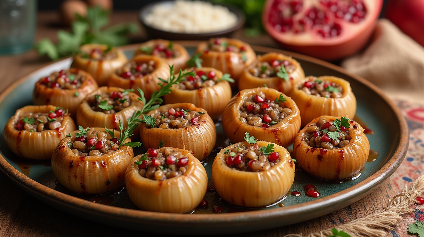 Tender Persian stuffed onions filled with a flavorful mixture of rice, ground meat, herbs, and spices, served on a plate with a drizzle of sauce.