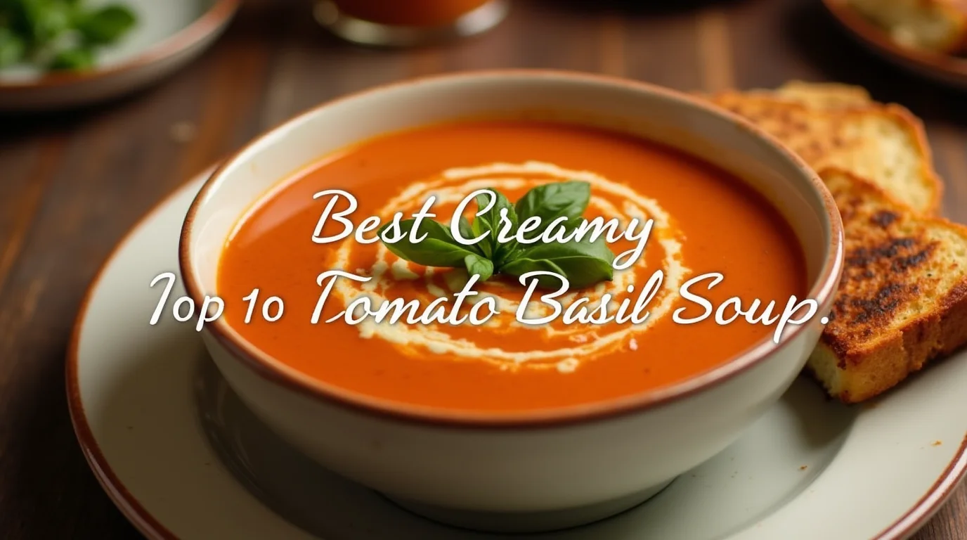 A bowl of creamy tomato basil soup garnished with fresh basil leaves and served with a side of crispy bread.