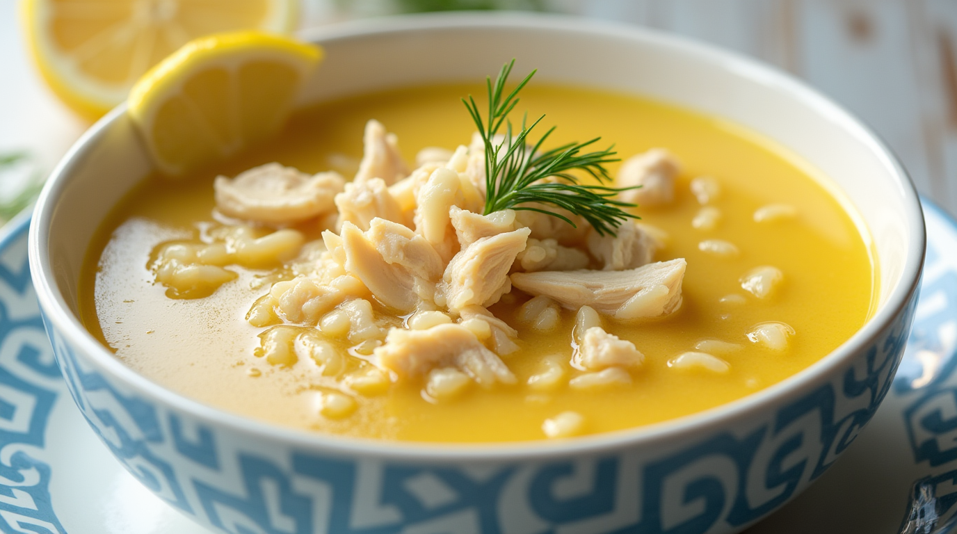 A bowl of creamy Avgolemono soup with shredded chicken, garnished with fresh herbs and a lemon wedge.