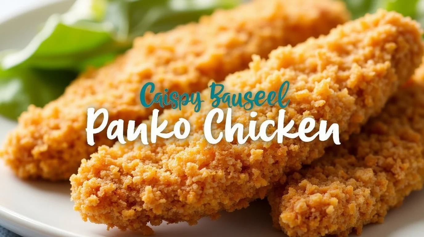 Golden, crispy panko-breaded chicken cutlets served on a plate with a side of dipping sauce and fresh herbs.