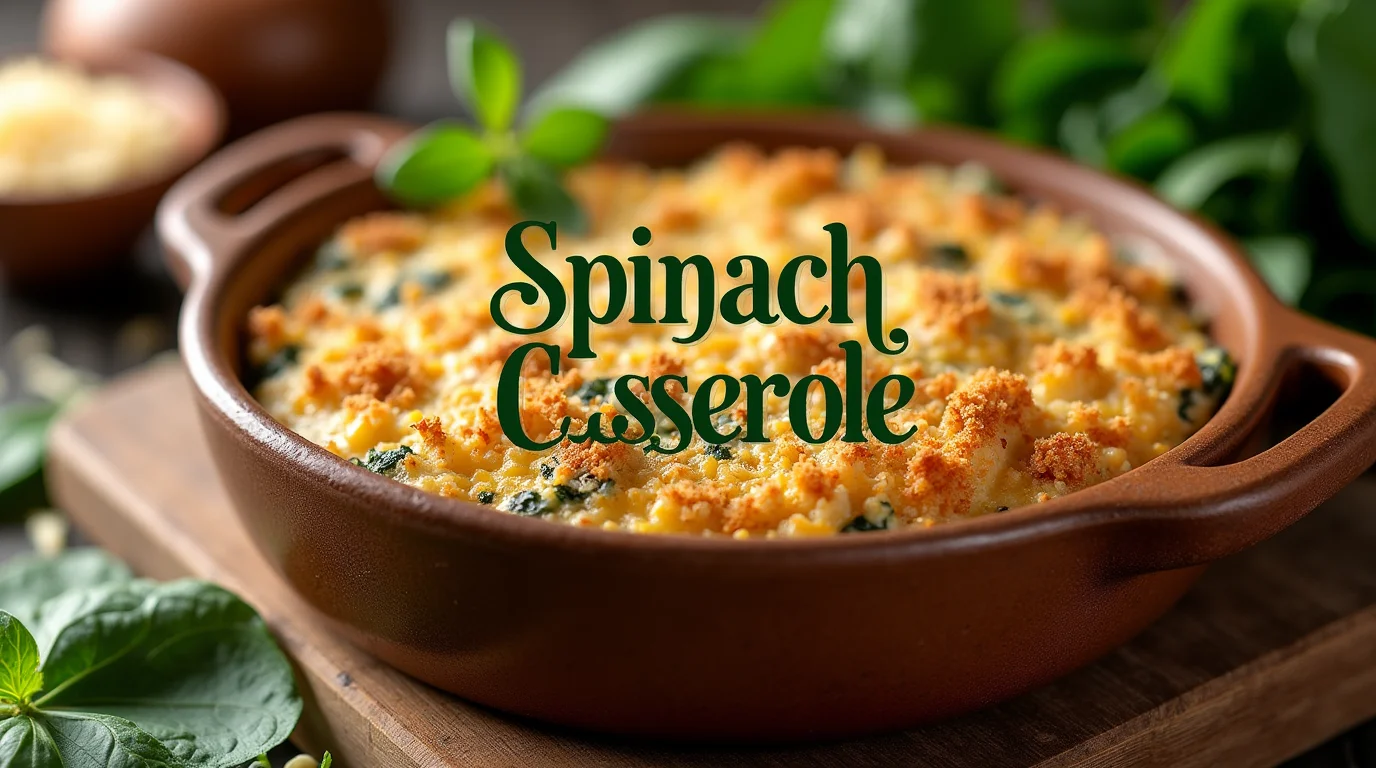 A freshly baked spinach casserole with a golden, cheesy crust, served in a baking dish and garnished with fresh herbs.