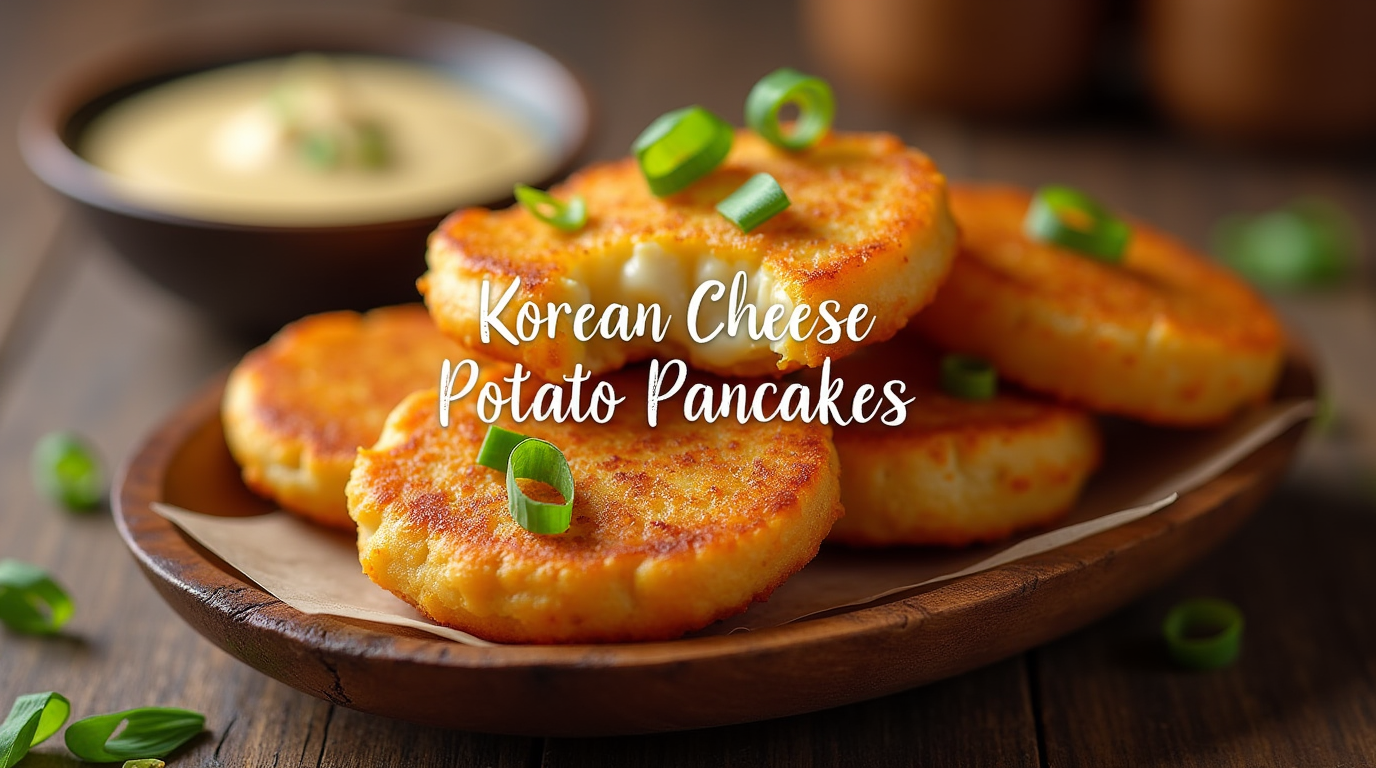 Golden-brown Korean cheese potato pancakes with a crispy exterior and gooey, melted cheese filling, served with a side of dipping sauce.