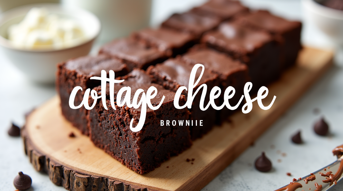A rich, fudgy protein brownie made with cottage cheese, topped with chocolate chips and served on a rustic wooden plate.