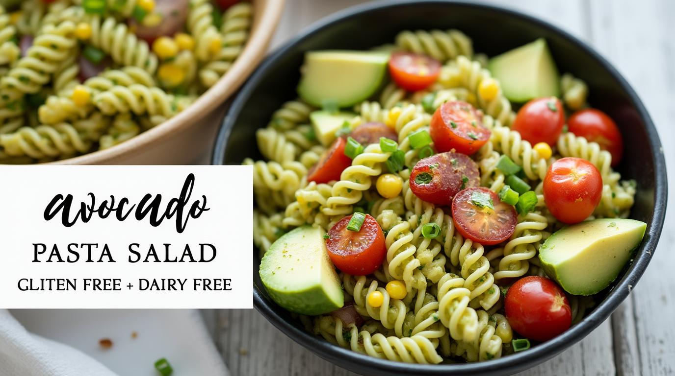A vibrant bowl of avocado pasta salad with creamy avocado dressing, cherry tomatoes, cucumbers, red onions, and fresh herbs, served in a white dish.