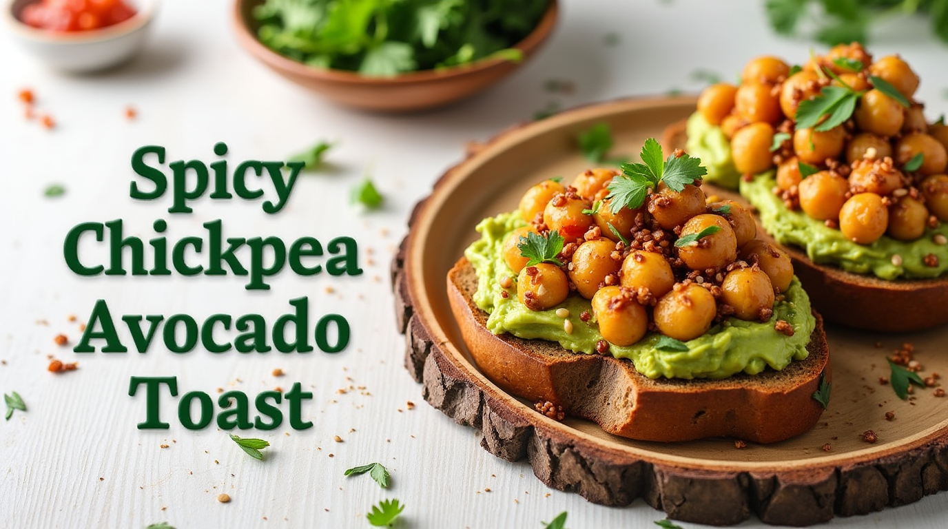 A slice of toasted bread topped with creamy avocado, spicy roasted chickpeas, and a sprinkle of red pepper flakes, garnished with fresh herbs.