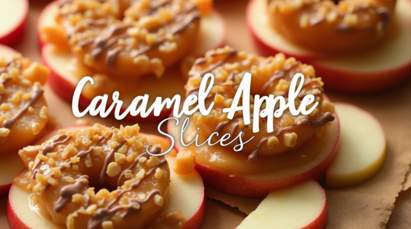 Sliced green and red apples drizzled with caramel and topped with nuts and chocolate on a wooden serving board.