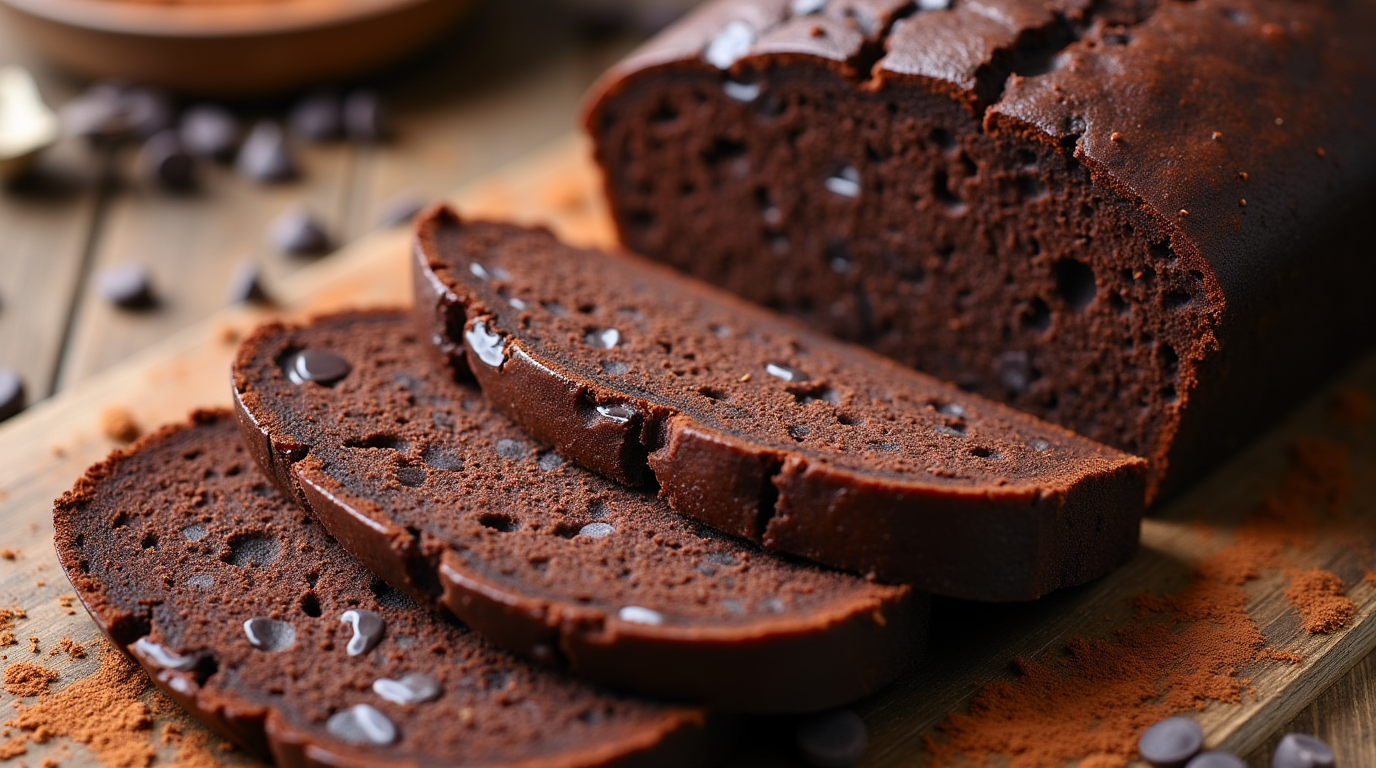 A freshly baked loaf of double chocolate sourdough bread with a dark, rich crust, sliced open to reveal a soft, airy interior speckled with melted chocolate chips.