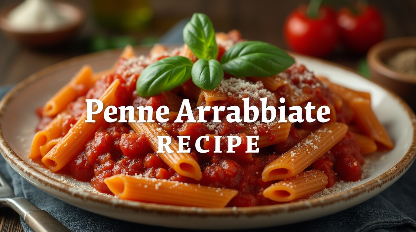A bowl of penne arrabbiata with a rich, spicy tomato sauce, garnished with fresh basil and grated Parmesan cheese.