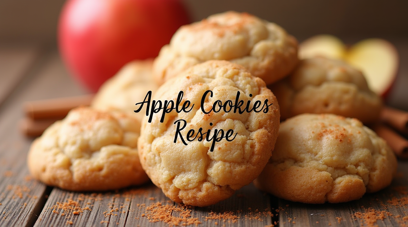 A plate of freshly baked apple cookies with a golden-brown texture, drizzled with glaze and garnished with cinnamon.