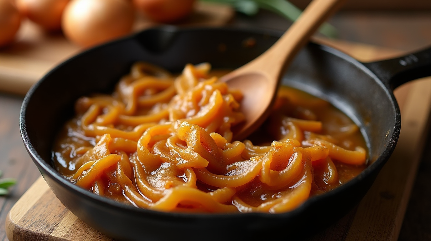 A pan of golden-brown caramelized onions being stirred with a wooden spoon, glistening with rich, deep color.