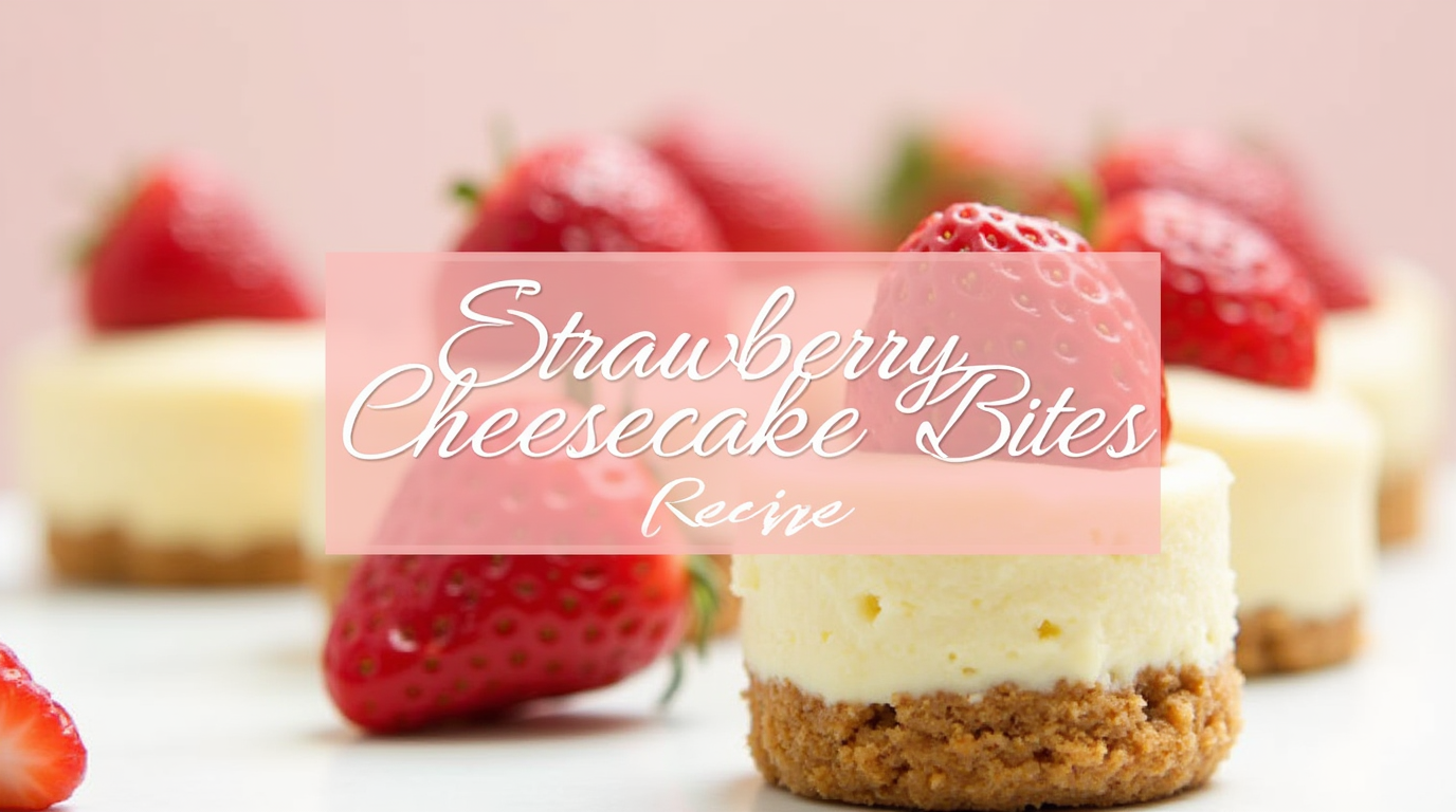 A close-up of strawberry cheesecake bites, featuring fresh strawberries filled with creamy cheesecake filling and topped with a graham cracker crumble.
