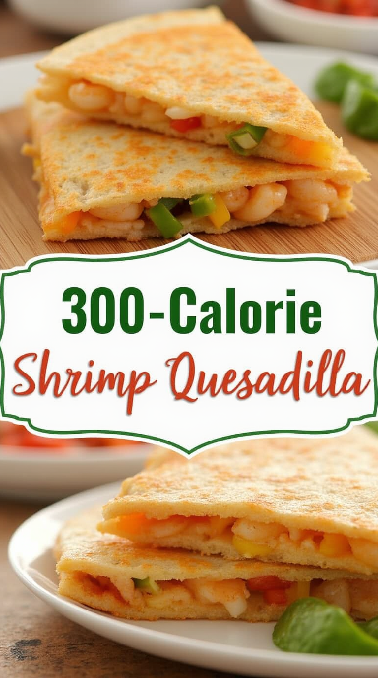 A golden-brown shrimp quesadilla cut into triangles, filled with juicy shrimp, melted cheese, and fresh vegetables, served with a side of salsa and avocado slices.