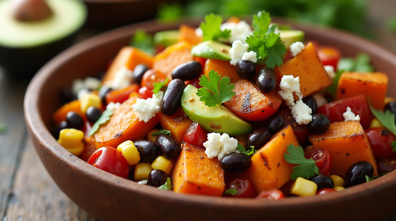 A bowl of chipotle sweet potato salad with roasted sweet potatoes, black beans, corn, and a smoky chipotle dressing, garnished with fresh cilantro.