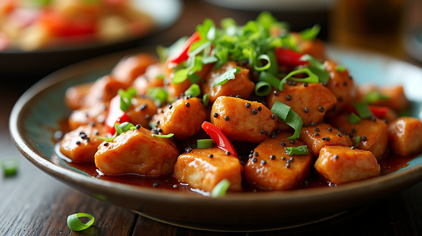 A plate of black pepper chicken served with steamed rice and garnished with sliced green onions and red bell peppers.