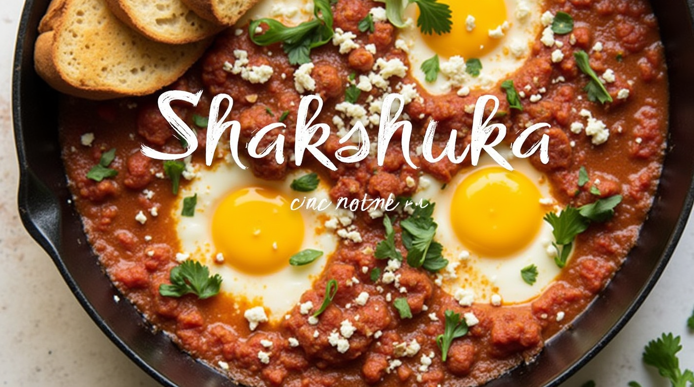 A skillet filled with shakshuka, a Middle Eastern dish of poached eggs in a spiced tomato sauce, garnished with crumbled feta cheese and fresh herbs.