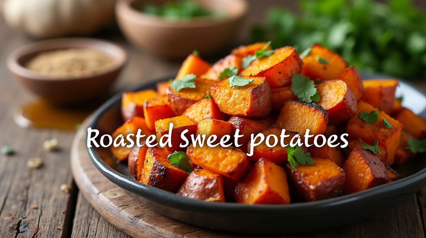 A plate of golden-brown roasted sweet potatoes garnished with fresh herbs, served on a rustic wooden table with a small bowl of seasoning blend and a drizzle of honey on the side.