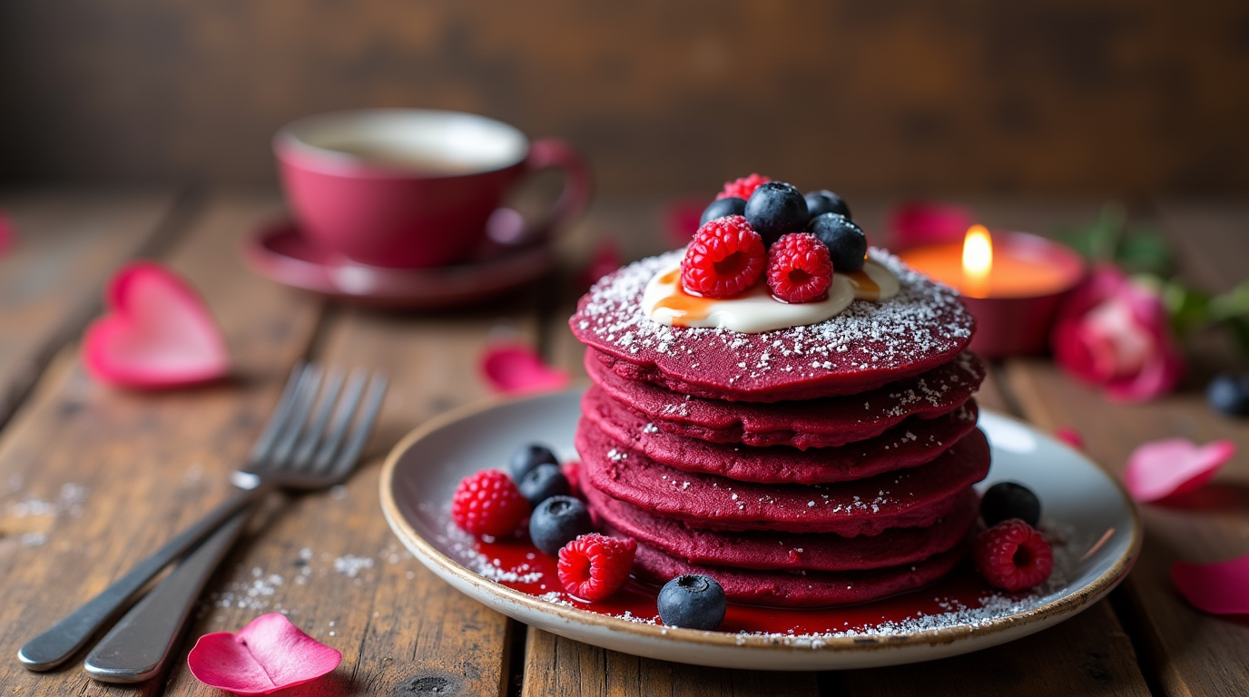 A stack of vibrant Antioxidant Beet Pancakes, topped with fresh berries, a drizzle of maple syrup, and a sprinkle of powdered sugar, served on a rustic plate.