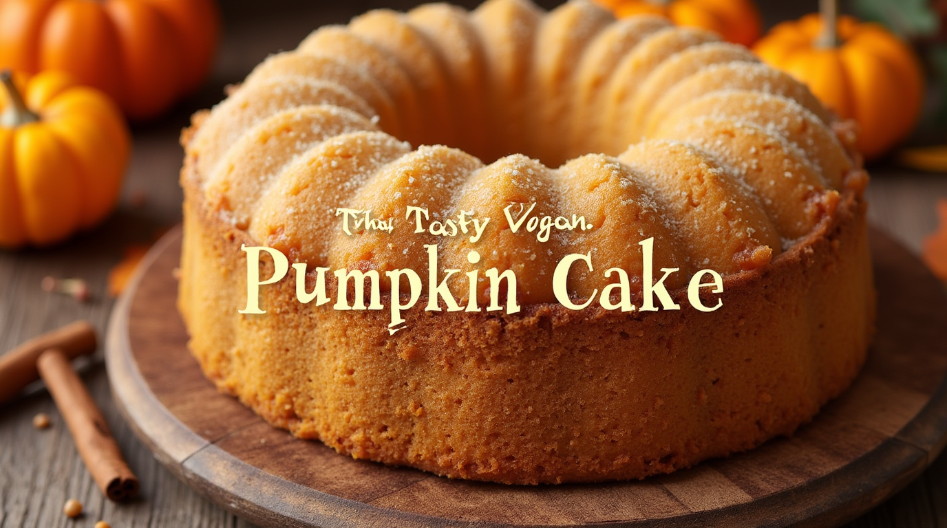 A moist and fluffy vegan pumpkin cake topped with creamy dairy-free frosting and a sprinkle of cinnamon, served on a plate.
