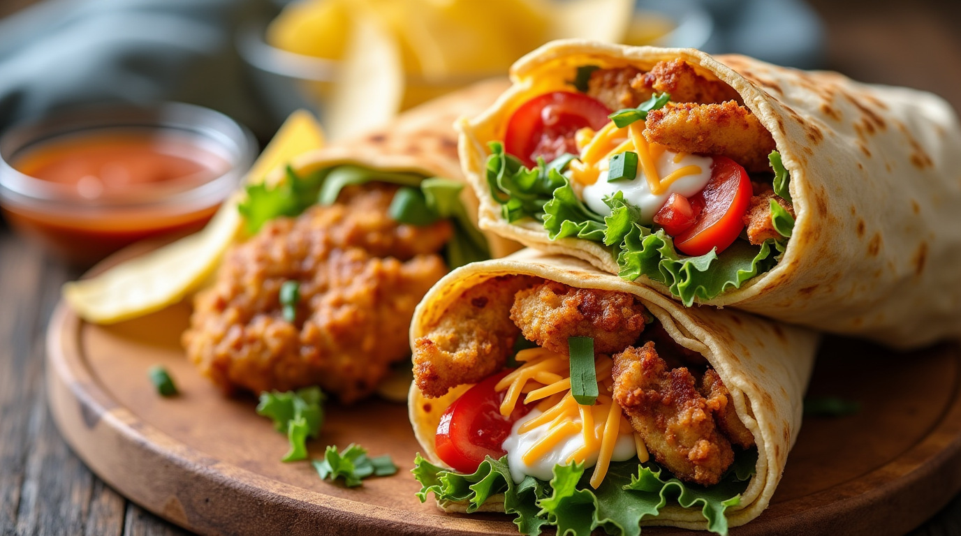 A sliced extra crispy chicken wrap filled with golden fried chicken, fresh lettuce, tomatoes, and a creamy sauce, served on a wooden board.