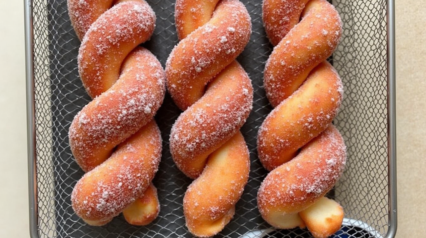 A plate of golden-brown cinnamon sugar twist doughnuts, coated in a sweet cinnamon-sugar mixture, with a crispy exterior and soft, fluffy inside.