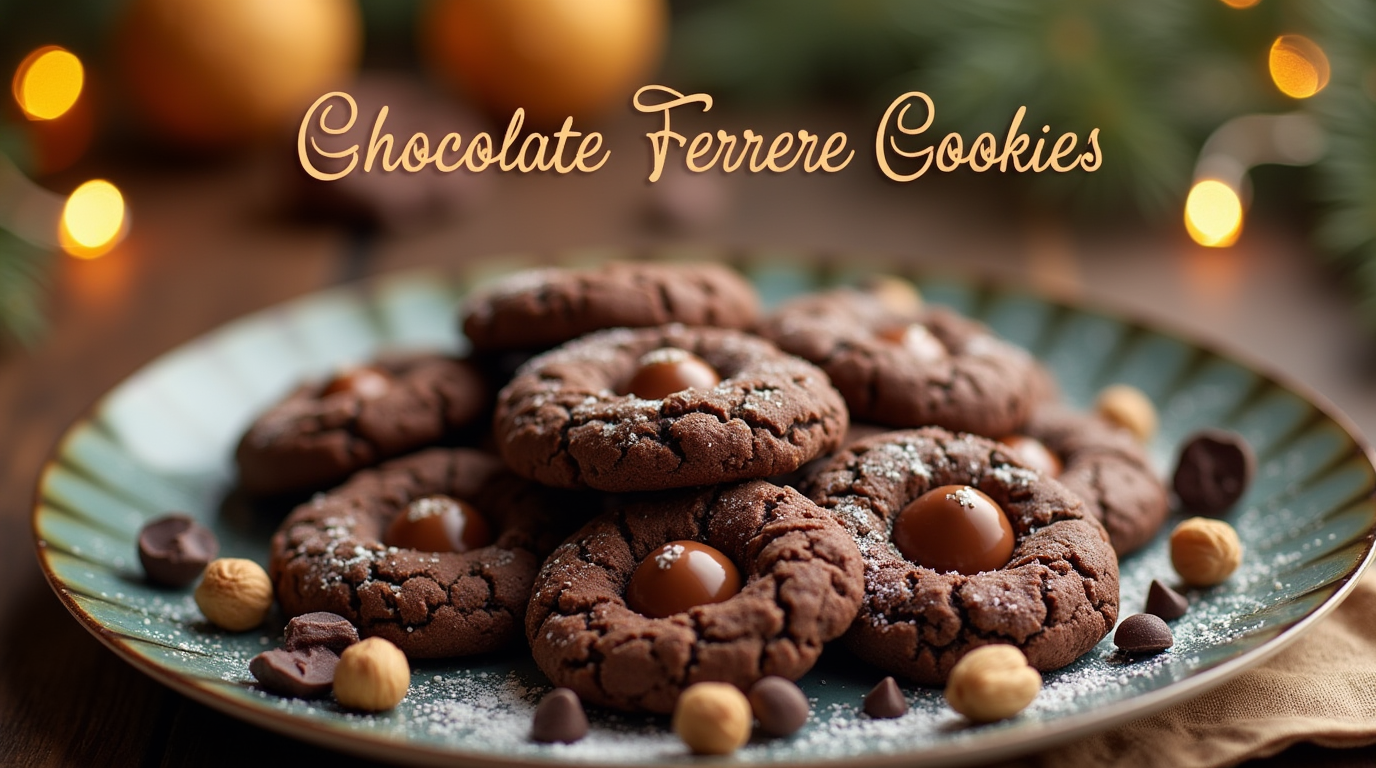 A plate of rich Chocolate Ferrero Cookies with a crisp exterior and a gooey chocolate-hazelnut center, garnished with crushed hazelnuts.