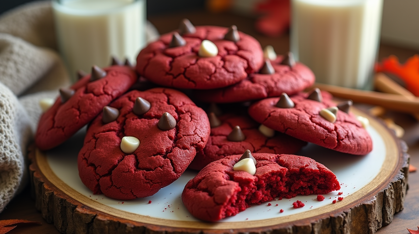 A close-up of soft, chewy red velvet cookies, adorned with white chocolate chips, resting on a plate with a dusting of powdered sugar.