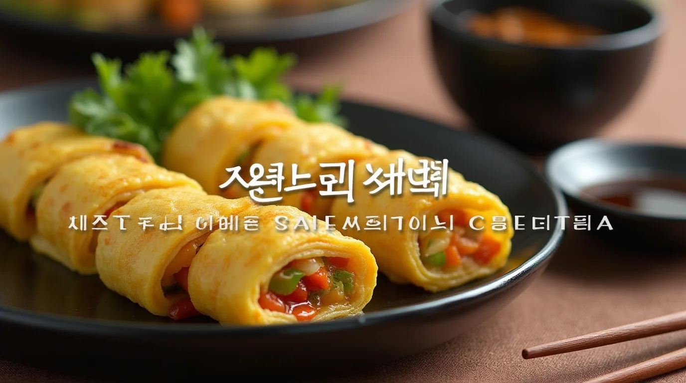 A neatly sliced gyeran mari (Korean rolled omelette) with layers of fluffy eggs, finely chopped vegetables, and seasonings, served on a wooden board.