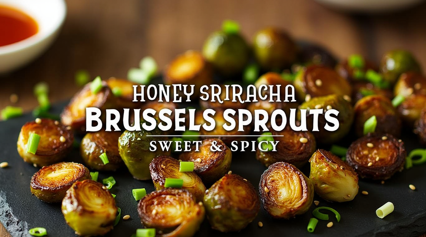 A plate of crispy honey sriracha Brussels sprouts garnished with sesame seeds and green onions.