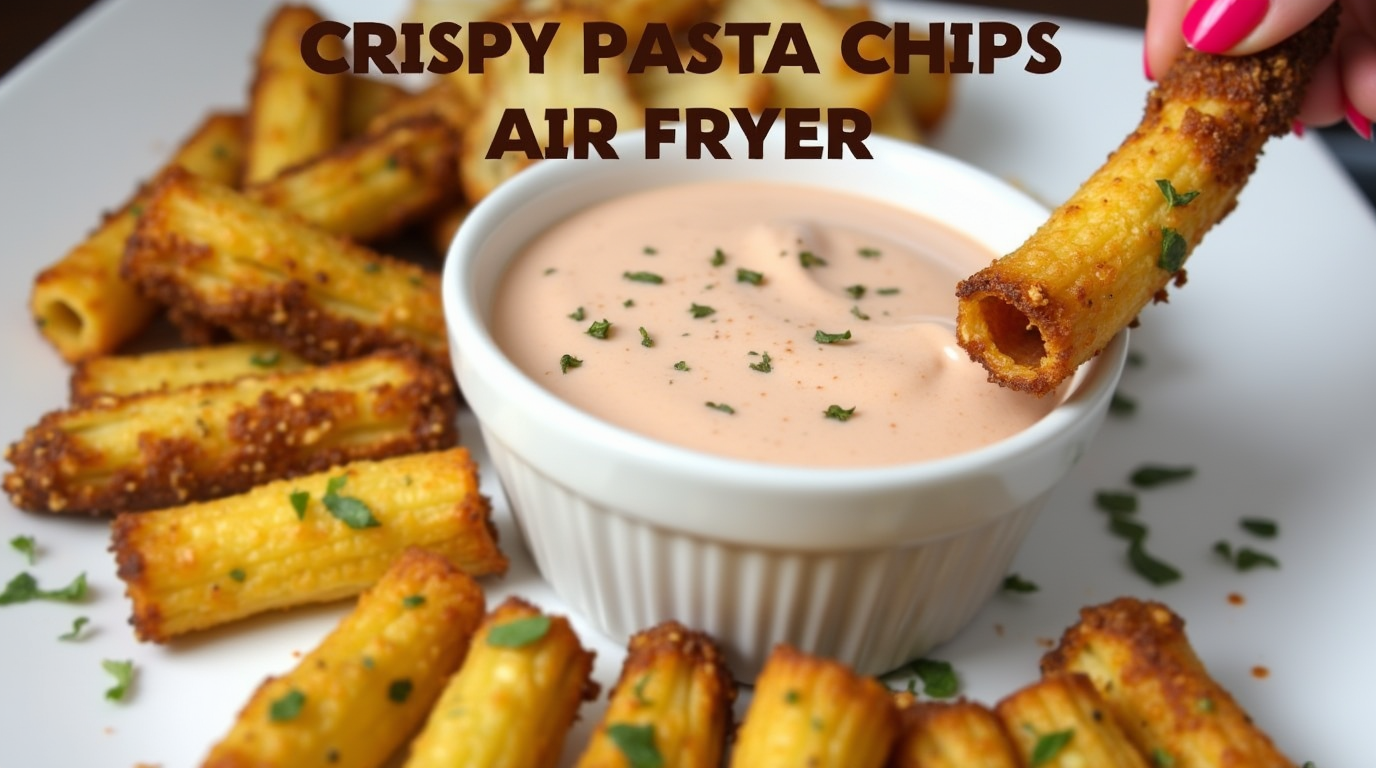 A bowl of crispy, golden Air Fryer Pasta Chips, seasoned with herbs and parmesan, served with a side of marinara sauce for dipping.