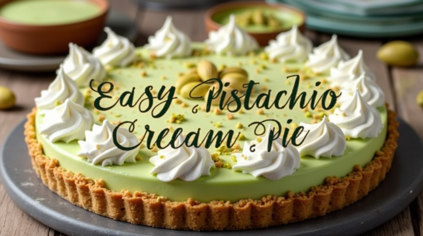A luscious Easy Pistachio Cream Pie with a buttery graham cracker crust, creamy pistachio filling, and a fluffy whipped topping, garnished with crushed pistachios.