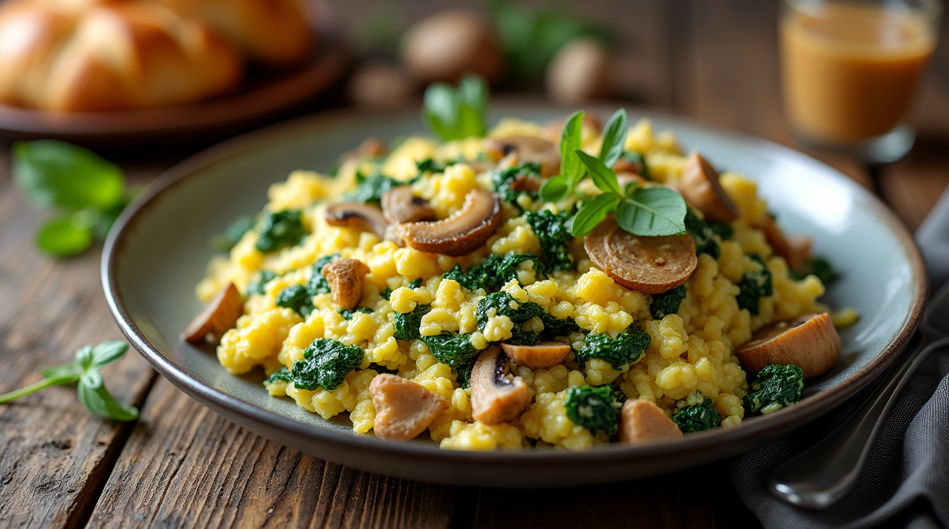 A plate of Mushroom-Spinach Scrambled Eggs, featuring fluffy eggs scrambled with sautéed mushrooms and fresh spinach, garnished with chopped herbs and served with toast on the side.