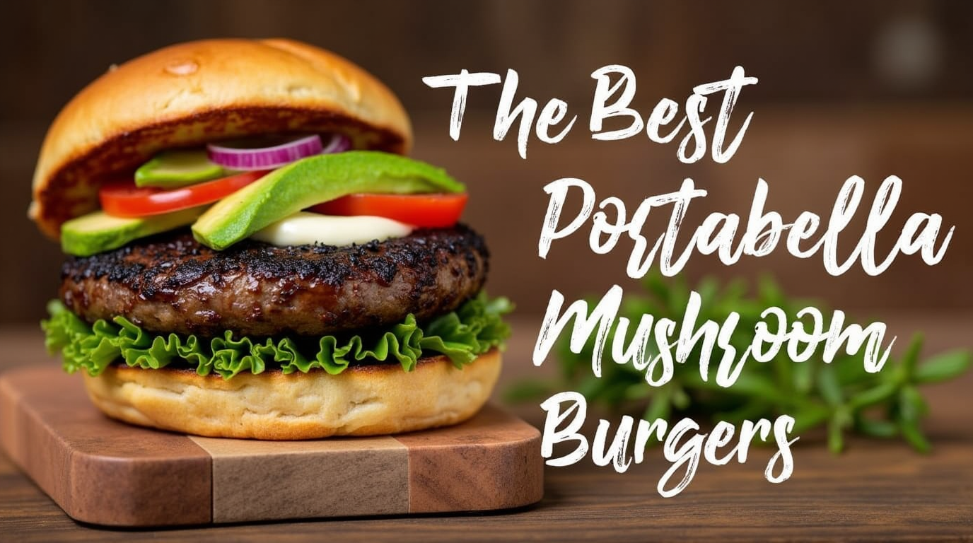 A hearty portabella mushroom veggie burger with a grilled mushroom cap, fresh lettuce, tomato, and a creamy sauce, served on a toasted bun.