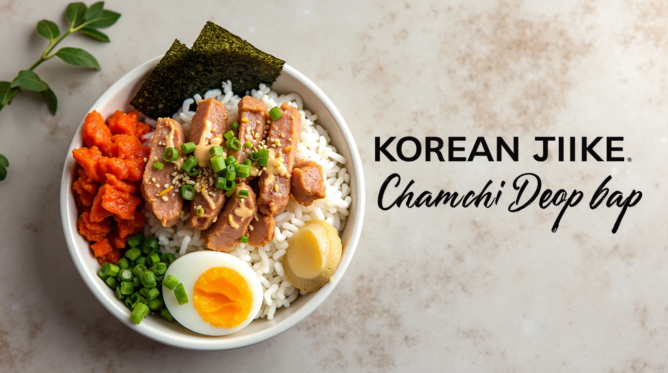 A colorful Korean tuna rice bowl topped with fresh vegetables, a soft-boiled egg, and drizzled with spicy mayo.
