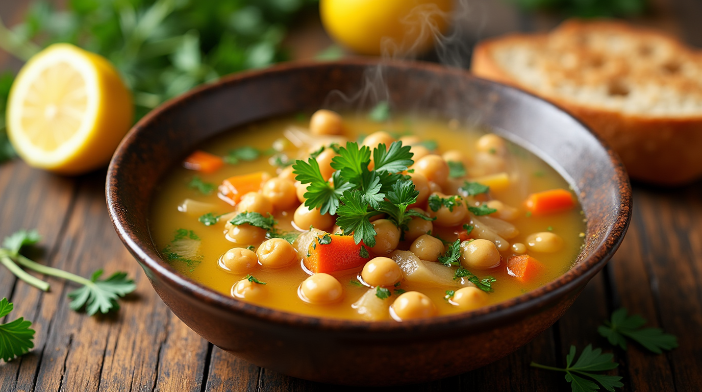 A bowl of Greek chickpea soup with lemon, garnished with fresh parsley and a drizzle of olive oil, served with crusty bread on the side.