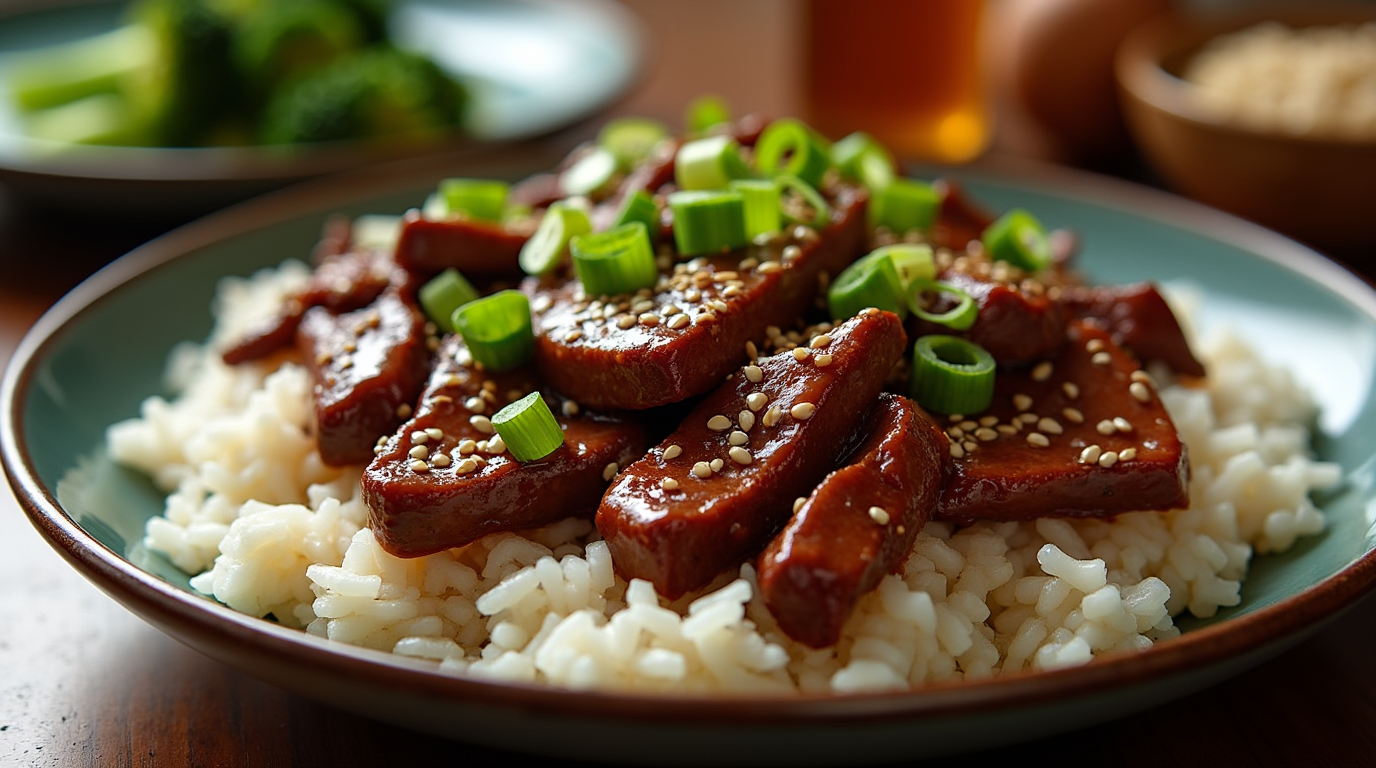 A sizzling plate of beef teriyaki with tender strips of beef glazed in a rich, glossy teriyaki sauce, garnished with sesame seeds and green onions, served over steamed rice.