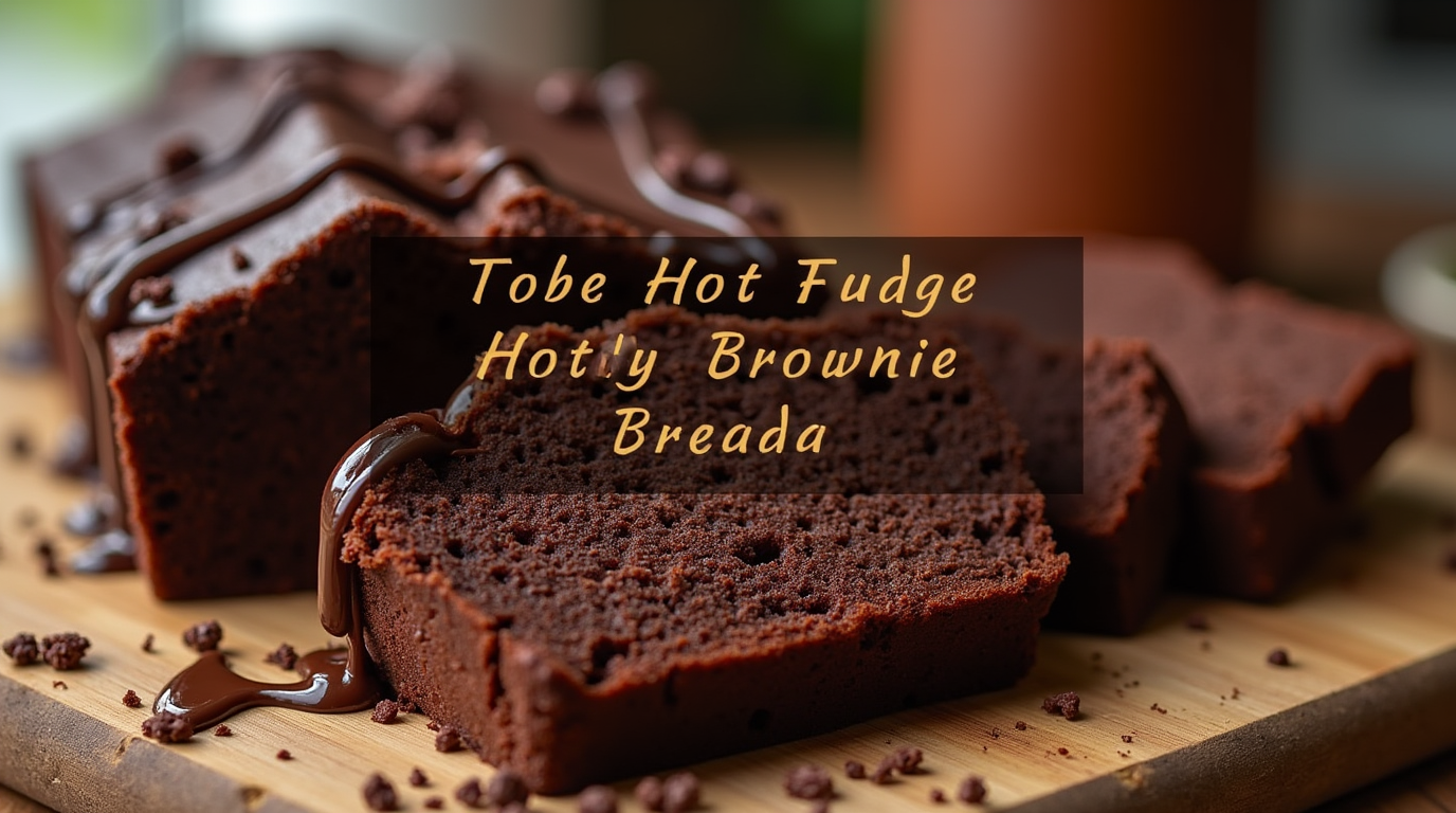 A rich and fudgy loaf of hot fudge brownie bread, sliced to reveal its moist, chocolatey interior, drizzled with warm chocolate sauce.