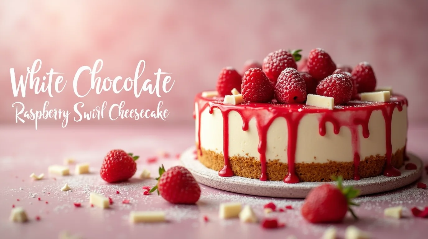 A rich and creamy white chocolate cheesecake with vibrant raspberry swirls, served on a plate with fresh raspberries and a drizzle of raspberry sauce.