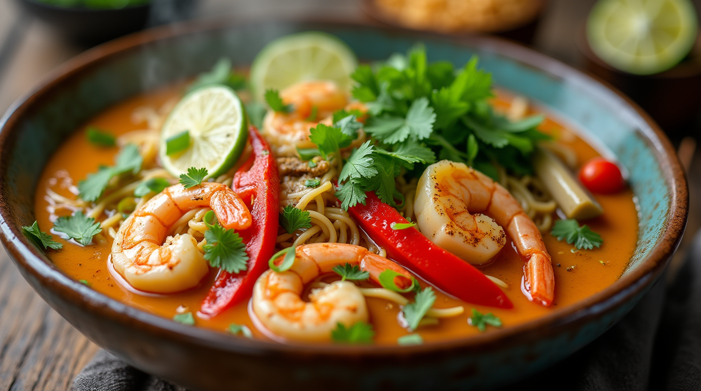 A bowl of spicy coconut noodles garnished with fresh herbs, chili slices, and lime wedges, served on a wooden table.