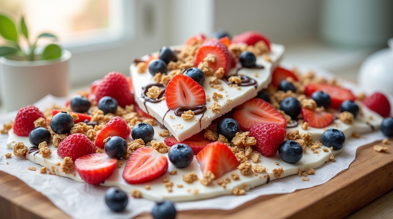 A tray of Frozen Yogurt Bark topped with fresh strawberries, blueberries, nuts, and drizzles of honey, broken into bite-sized pieces and served on a rustic wooden board.