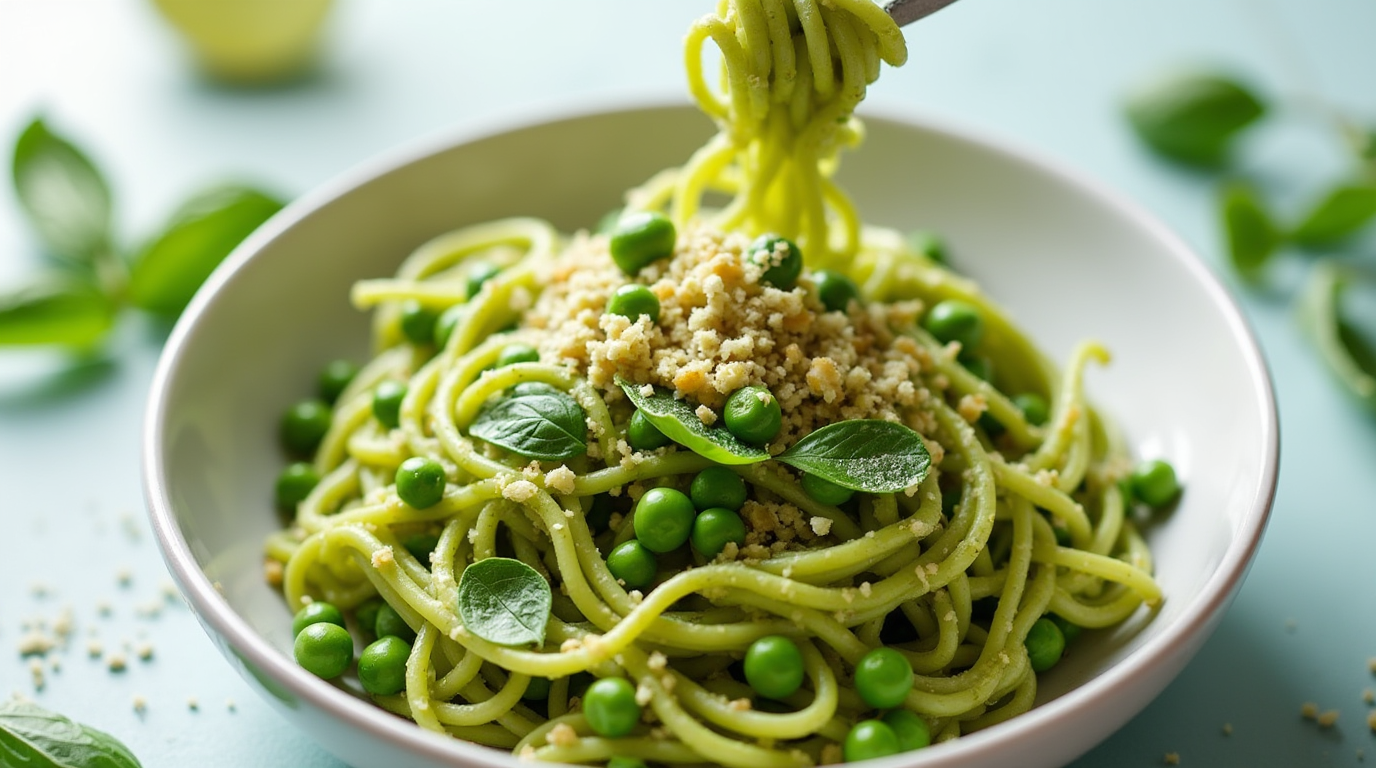 A plate of creamy pea pesto pasta with a vibrant green sauce, topped with grated Parmesan cheese and fresh basil leaves.